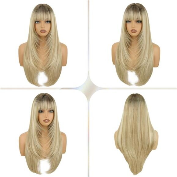 Ombre Blond Long Straight Layered Wig with Bangs for Women - Picture 5 of 5